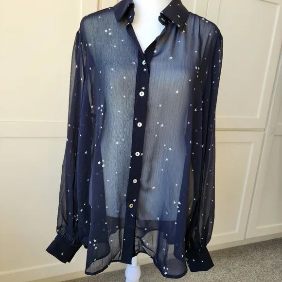 Lovestitch Star Print Black White Long Sleeve Sheer Blouse Top Button Medium - Picture 1 of 15